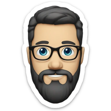 White man with blue eyes and dark brown hair, styled sideways backwards. He has a beard and mustache trimmed and wears a black t-shirt and vintage glasses. sticker