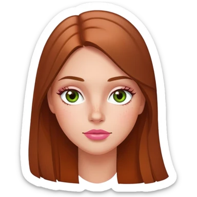 Long hair straight Brunette and hazel green eyes  slightly tanned white girl with pink peach lips and rosy red cheeks with a few freckles sticker