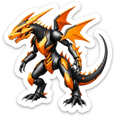Cool Futuristic Black Orange Cyber-Digimon-Fakemon-Salandit-Guilmon-Wargreymon-Mecha-fusion (full body) sticker
