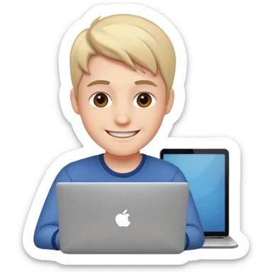 college student smiling in front of his laptop sticker