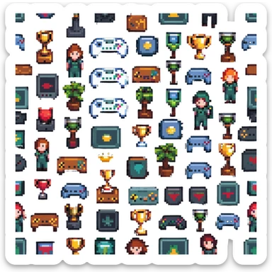 Gaming platform logo for 'qbix88' with controller, trophy and group of players in pixel art style sticker