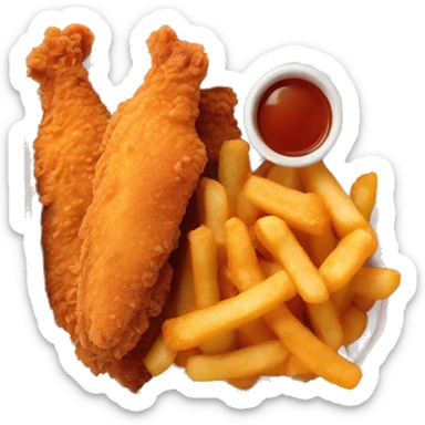 3 chicken tenders with crinkle fries and orange sauce on the side in a styrofoam container sticker