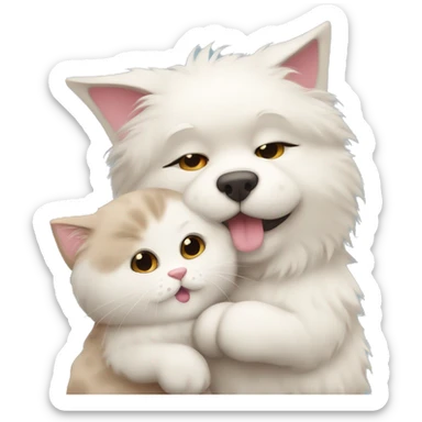 Cute fluffy cat cuddling with a cute fluffy chubby dog sticker