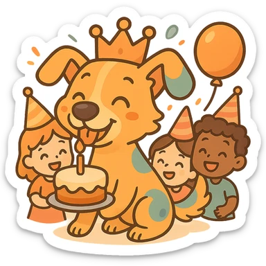 Add party guests around the dog, keeping the chibi sticker style, festive and cheerful, with no background. sticker