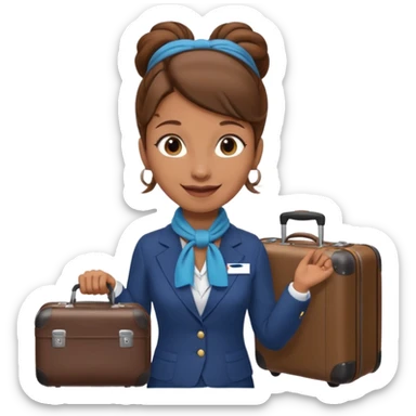 flight attendant, Light Brown skin, brown hair in single bun, neck scarf, suitcase sticker