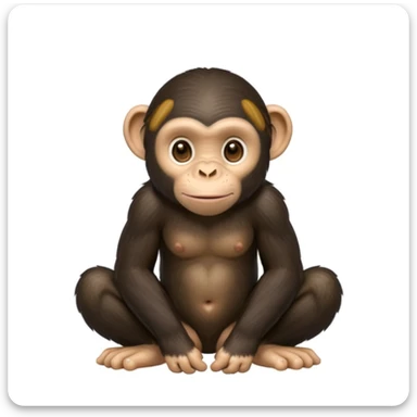 caricatured chimpanzee squatting with friendly and realistic expression, soft details, natural colors, large expressive eyes, rounded ears, visible hands resting on the ground, smooth lighting, clean modern emoji style, white solid background with white sticker-like border around the chimpanzee sticker