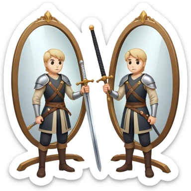 A person standing in front of a mirror, looking at their own reflection, while a sword lies on the ground beside them. The mirror represents self-awareness and acceptance, while the sword symbolizes letting go of the fight against happiness. sticker