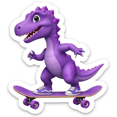 a purple dinosaur on a skateboard wearing a coat with sneakers in the bottom sticker