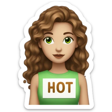 Girl with wavy brown hair and green eyes holding a sign that says “hot” sticker