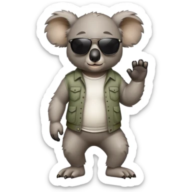 anthropomorphised koala in casual clothing, wearing dark sunglasses, walking upright, looking like a tough guy sticker