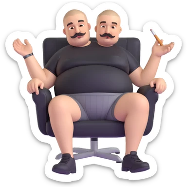 Big man relaxing in chair, legs spread wide, holding cigarette, round face, buzzcut, short beard and mustache, black t-shirt with light stripes at top, exposed belly, black shorts, arms covered in tattoos sticker