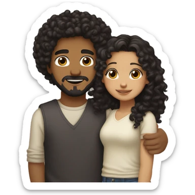 girl with light skin, hazel eyes and black hair hugging a boy with medium curly hair that is light brown and a tiny mustache and goatee sticker
