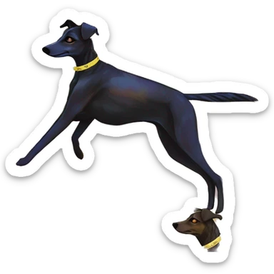  brindle brown black maroon gold lurcher Alsatian fox running blue eyes and iridescent holographic oilslick harness wearing paper iridescent tropical flower crown yellow caution tape sticker