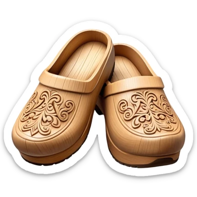Cinematic Realistic Wooden Clogs Emoji, depicted as a pair of traditionally carved wooden clogs with intricate details and rustic charm. sticker