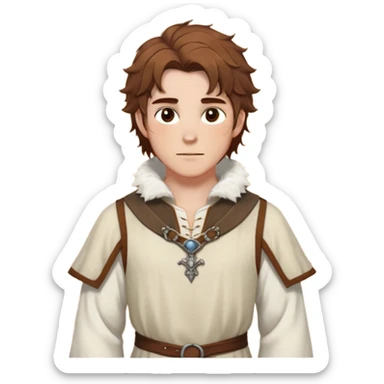 medieval spring outfit worn by a DnD themed fantasy male character. cotton tunic with sleeves rolled to the elbow, featuring a light fur-lined collar for chilly mornings. clothes only above the waist. The clothes full waist. The character's haven't arms. character is white-skinned, chestnut brown hair, amber eyes, shoulder-length messy hair. sticker