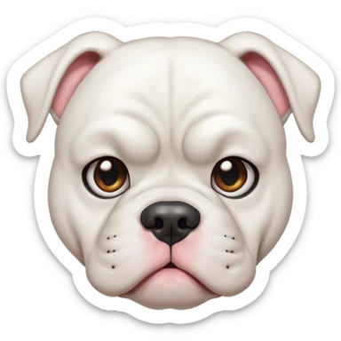 Cinematic Meme-Worthy Grumpy White American Bulldog Portrait Emoji, Head held high but eyes filled with dramatic disappointment, smooth white fur with a furrowed brow forming an unmistakable scowl, floppy ears slightly angled back in disapproval, piercing brown eyes glaring with pure exasperation, Simplified yet hilariously over-exaggerated features, highly detailed, glowing with an aura of supreme annoyance, high shine, exhausted yet judgmental, stylized with an almost regal pettiness, bright but brooding, soft glowing outline, capturing the essence of a pup that has seen it all and is thoroughly unimpressed, so meme-worthy it feels like it could instantly become the next viral sensation of grumpiness! sticker