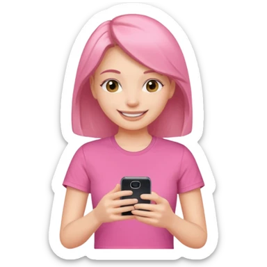 Pretty woman in pink t-shirt smiling at her phone like filming a video sticker