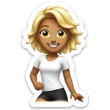 Blond smiling and dancing girl with Zumba logo on white t-shirt sticker
