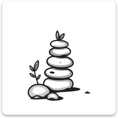 A zen-like balanced stack of smooth stones with a small plant growing beside it, representing balance and stress relief. Simple hand-drawn doodle style. sticker