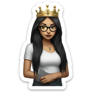 Hyperrealistic girl with black long hair wearing a crown and glasses tattoos laptop sticker
