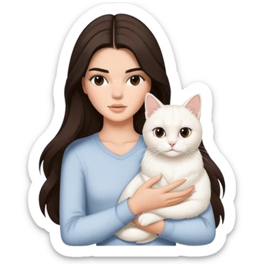 brunette Kendall Jenner with long hair holding on the hands white cat sticker