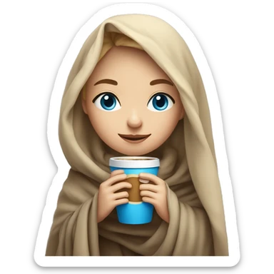  Cute dark Blonde girl with blue eyes wrapped in blanket drinking coffee sticker