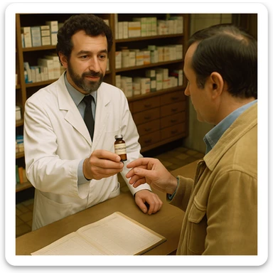 Create a realistic image of a pharmacist in France in 1980 delivering a vial of Trenbolone to a customer. The pharmacist and customer wear 1980s clothing, and the pharmacy environment and furniture reflect the 1980s style with historical details. The vial's label clearly shows the name 'Trenbolone'. The perspective is either a side angle or from above. Maintain the original style's realistic look. sticker