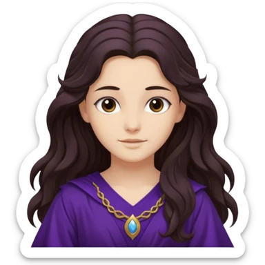 Libera from Olympus Gods with long dark brown wavy hair, deep purple tunic sticker