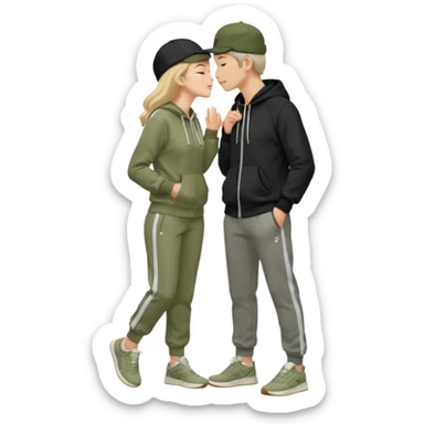  The woman, wearing a light gray tracksuit, a beige hat, and white sneakers, stands on tiptoe, tenderly kissing the man's cheek while holding his chin. He smiles broadly, wearing a black jacket, olive-green pants, and black and white sneakers, as well as a black cap. sticker