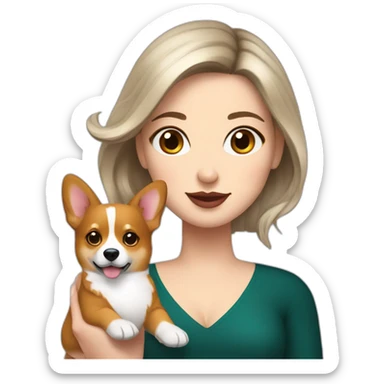 a white girl with dark hair holding a corgi and a cocktail sticker