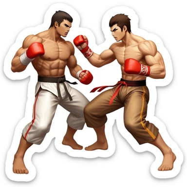 An icon showing two fighters in an intense battle, inspired by Tekken. The design features dynamic poses with powerful punches and kicks, surrounded by a vibrant, action-packed background. The characters are detailed, with glowing effects highlighting their strength. Transparent background. sticker
