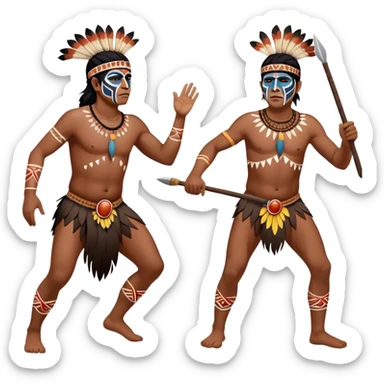 Cinematic Realistic scene of two indigenous male aboriginals performing an Aboriginal Corroboree, adorned in traditional body paint, A corroboree is an Australian Aboriginal ceremonial meeting. It usually includes celebration of Aboriginal mythology and spirituality, which is based in the Dreaming sticker