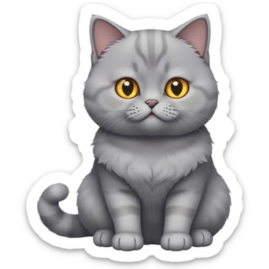 cinematic-[British shorthair cat]-realistic-full-body-sitting-emoji,-tail-curled-playfully-around-its-paws,-head-tilted-dramatically,-fluffy-[grey]-fur,-simplified-yet-hilariously-adorable-features,-highly-detailed,-glowing-with-an-almost-sarcastic-glow sticker