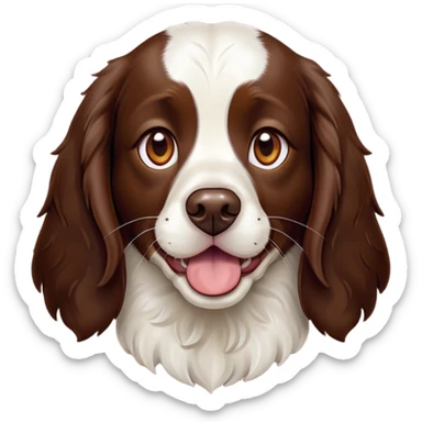 Cinematic Comical Springer Spaniel Portrait Emoji, Head tilted dramatically with an exaggeratedly amused expression, featuring a striking liver and white Fur with dynamic patterns, wide, expressive brown eyes filled with playful disbelief, Simplified yet hilariously expressive features, highly detailed, glowing with a slightly sassy glow, high shine, dramatic yet playful, stylized with an air of cheeky mischief, bright and endearing, soft glowing outline, capturing the essence of a spirited and over-the-top companion, so meme-worthy it feels like it could side-eye its way into internet fame instantly! sticker