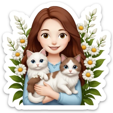 A woman with long dark auburn hair holding three white ragdoll cats in the flowers sticker