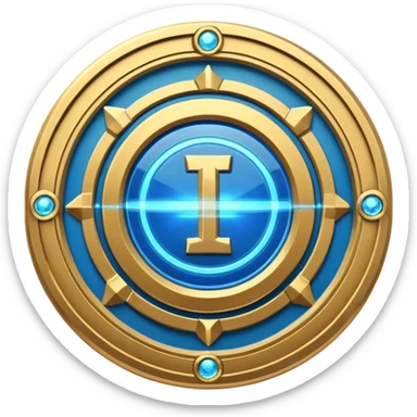 Futuristic anniversary medal badge, circular emblem with embossed Roman numeral I, metallic gold finish with electric blue glow accents, subtle outer energy ring, sci-fi web3 game UI style, polished 3D game asset, dark background, centered composition, high detail sticker