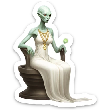a Reptilian alien woman,in meditation, white dress like a priestess sticker