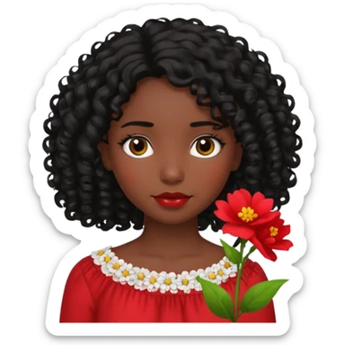A girl with shoulder-length curly hair, dark skin, and black hair is wearing a red blouse with flowers. sticker