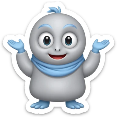 No head..it has 1 eye....stands upright ...wears clothing. is light grey and light blue..looks happy and cuddly... doesnt have a full head.... there is a appendage coming out of top of body with a single large eye sticker