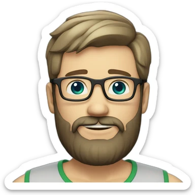  Chatty man, short hair, small thin glasses, blue-green eyes, with a dark beard, 2-day beard, geek sticker