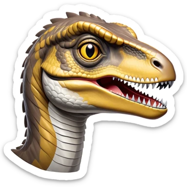 Cinematic Noble Velociraptor Portrait Emoji, Poised and agile, with a slender, streamlined build, sharp, cunning eyes, and a sleek snout hinting at predatory precision, Simplified yet sharply defined features, highly detailed, glowing with a cool, dynamic radiance, high shine, intelligent and swift, stylized with an air of agile prehistoric grace, focused and alert, soft glowing outline, capturing the essence of a watchful and confident Velociraptor that appears ready to dash out of the screen with effortless speed! sticker