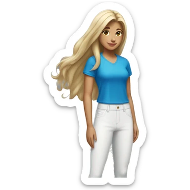a girl with white trousers, nike tennis shoes, blue top and the girl with her hair down. sticker