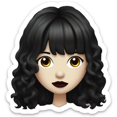 one woman long black wavy hair, curtain bangs, goth girl, white skin, burgundy lips, black eyes sticker