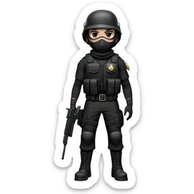 an armed dude with a shiesty mask in a bullet proof vest wearing all black with black military boots andf a black army helmet sticker