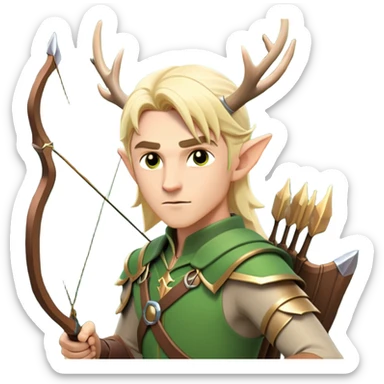 clash-of-clans-aesthetic-blond-male elf-archer-portrait-emoji, rendered in a flat, vector-style with minimal shading and bold holding his bow, simplified shapes, head tilted slightly forward with a determined, focused expression, riding a majestic stag whose antlers glow with mystical energy, set against an ancient, enchanted forest backdrop. sticker