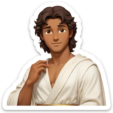 Cinematic Realistic Hercules Portrait, head tilted playfully and inquisitively, showcasing a charming blend of Disney heroic charisma and the refined grace of Michelangelo's David. His sun-kissed bronze skin and thick, wavy dark hair are rendered with classical precision, complementing a warm, inviting smile and sparkling, mischievous eyes. Clad in a softly draped white robe with subtle golden details, he exudes approachable strength under gentle, natural lighting. sticker
