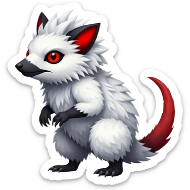 a white exotic edgy vernid-fionbr-Fakémon-creature, with black belly and red eyes, full body sticker