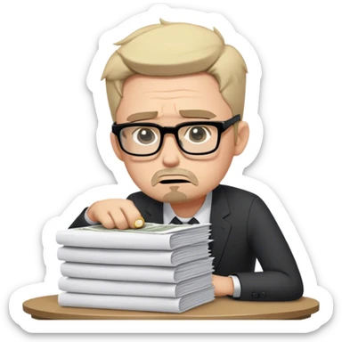 Create an emoji-style character of a sad business owner with black rectangular glasses and a light stubble (afternoon shadow beard, not a full beard). He looks frustrated and disappointed as he hands over a massive stack of work (papers, laptop, or files) in exchange for a tiny coin. His posture is slouched, and his facial expression conveys exhaustion and regret. The style should be simple, expressive, and instantly recognizable as an emoji. sticker