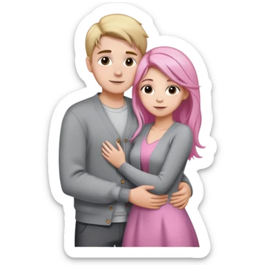 white guy brown haired in gray cardigan with blonde girl with dyed pink hair tips in shiny gray dress stand hugging in photo sticker