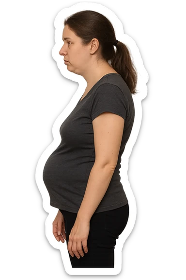 DONNA DI PROFILO CON LA POSTURA SBAGLIATA, LA PANCIA IN FUORI E LE SPALLE CHIUSE sticker